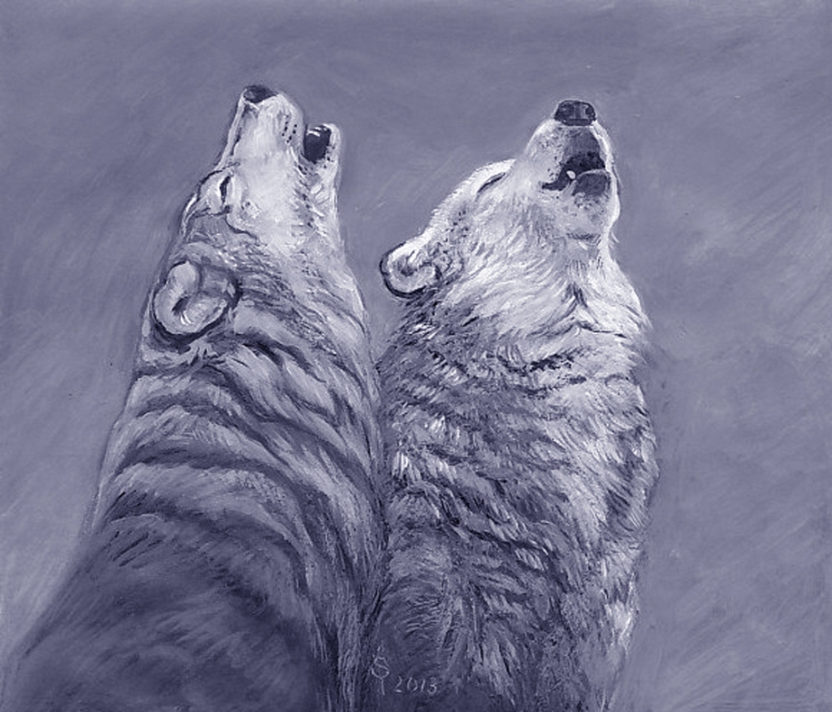 two wolves howling mixed media